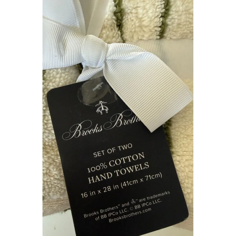 Brooks Brothers Hand Towels White Green Stripe Set of 2 Think Plush Luxury